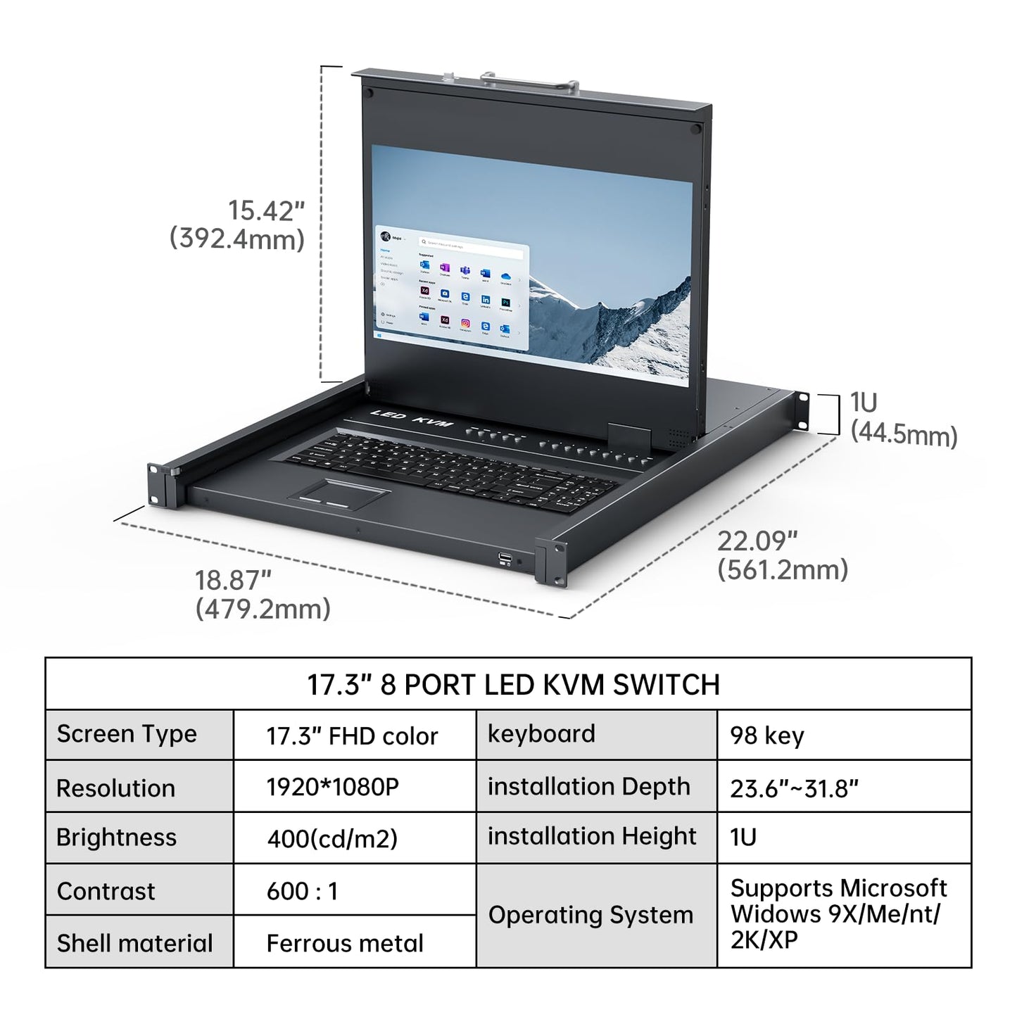 MT-VIKI® KVM Rack Mount HDMI with 17.3'' LCD Monitor, 1080P@60Hz Support OSD/Hotkey, Included 8 KVM Cables+Keyboard + Touchpad, Fit 1U 19'' Rack, Mount Depth 23.6-31.8"