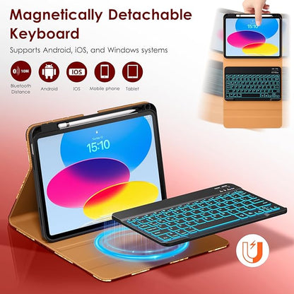 DTTO for iPad 11th (A16)/ 10th Generation Case with Keyboard (2025/2022), 7 Colors Backlit Wireless Detachable Keyboard Leather Folio Cover with Pencil Holder & Pocket, US Flag