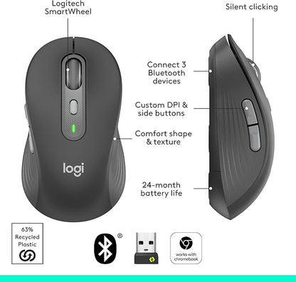 Logitech Signature Plus M750 L Wireless Mouse - for Large Hands, SmartWheel, Bluetooth, Multi Device, 24-Month Battery, Silent Clicks, Customizable Side Buttons, Contoured Shape - Graphite