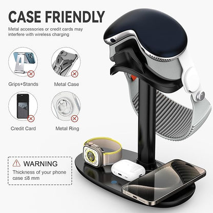 Airpod Max Charger Stand with 15w Wireless Charger, Suguder 4 in 1 Headset Holder for Apple Accessories Charging with AirPods Max/Pro/iWatch/iPhone/Vision Pro, Headphones Stand for Desk Organizer