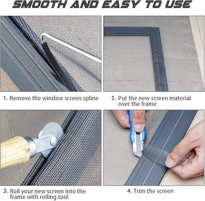Screen Repair Kit Easy DIY Project 36" x 90" Fiberglass Screen Mesh with Rolling Tool and Screen Retainer Spline Screen Replacement kit for Windows Sliding Doors and Patio Screens (36" x 90", Gray)