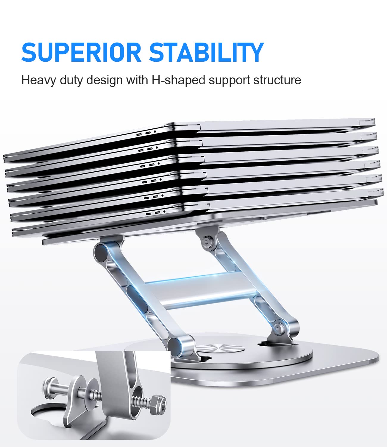 AOEVI Adjustable Laptop Stand with 360 Rotating Base, Stable Computer Stand for Laptop Ergonimic Foldable Laptop Riser for Desk Compatible with MacBook Pro/Air Notebook up to 16 Inches, Silver