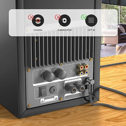 EMK 90 Degree Right Angle Optical Audio Cable [5ft/1.5M] - 360° Rotatable Digital Toslink SPDIF Cable for Soundbar to TV, Home Theater - Black Fiber Optic Cable with Angled Connector