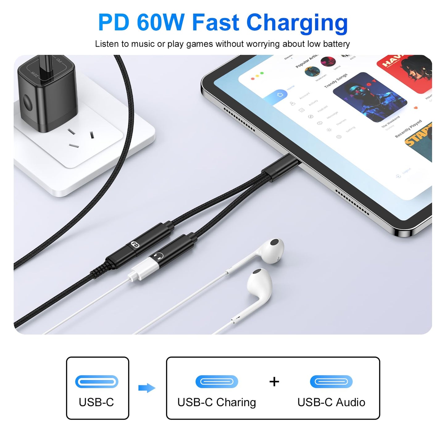 USB-C Headphone and Charger Adapter,2in1 USB C Splitter Dongle Cable with 60W Fast Charging Audio Adapter for iPhone 17 Pro Max 16e 16 Pro 15 Plus Samsung Galaxy A17 A16 A15 A36 A56 A55 S25 FE S24 S22