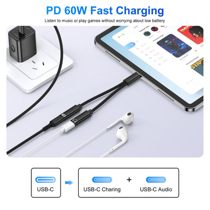 USB-C Headphone and Charger Adapter,2in1 USB C Splitter Dongle Cable with 60W Fast Charging Audio Adapter for iPhone 17 Pro Max 16e 16 Pro 15 Plus Samsung Galaxy A17 A16 A15 A36 A56 A55 S25 FE S24 S22