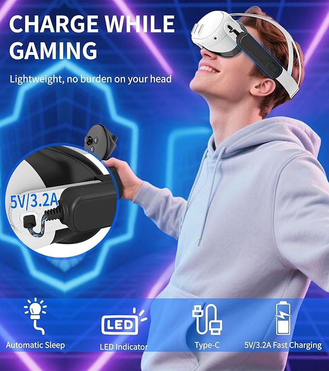 Battery Pack for Meta/Oculus Quest 3S/3/2,5000mAh Battery VR Charger, Extend 2-4 Hours Playtime, Lightweight Fast Charging VR Headset Safe Power Bank for Meta Quest 3S/3/2 Accessories