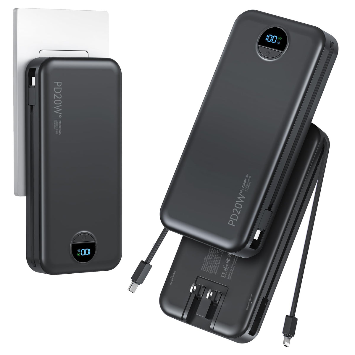 Portable Charger Power Bank 20000mAh with Built in Cables & Wall Plug