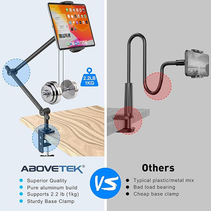AboveTEK Tablet Stand Holder, Aluminum iPad Holder for Desk & Bed, Adjustable Arm Clamp Mount with 360° Rotation, Overhead Compatible with 4.7"-13.5" iPad Pro/Air/Mini, iPhone, Galaxy Tab- Black
