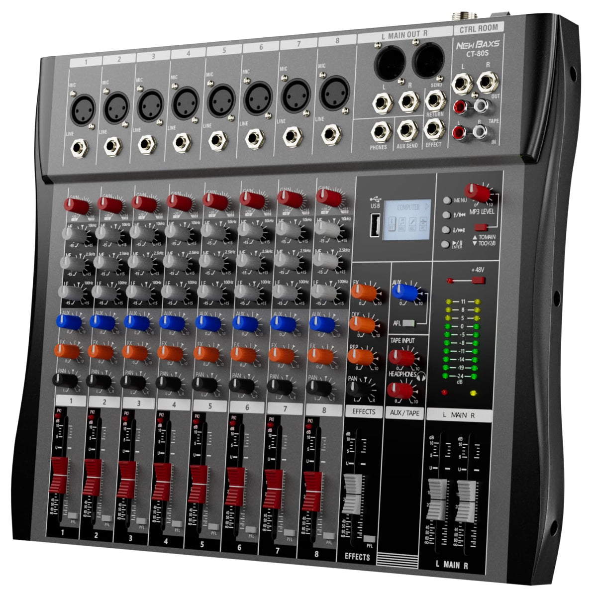 Professional DJ Audio Mixer, 12 Channel Audio Mixer, Bluetooth Sound Mixer, USB Interface, 12 XLR Mic/Line Input, AUX, FX Processor MP3, Headphone,+48V Phantom For Karaoke Studio Streaming Recording