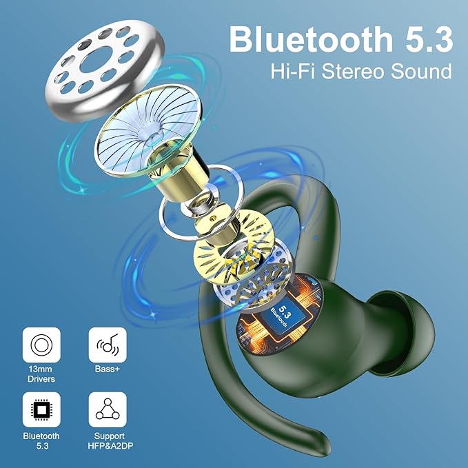 Wireless Earbuds Bluetooth 5.3 Headphones Sports, 48Hrs Playtime Bluetooth Earbuds with CVC 8.0 Mic, Stereo Bass Over Ear Bud with Earhooks, LED Display, IP7 Waterproof Earphon for Running Green