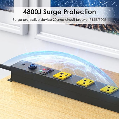 JUNNUJ Long Metal 16 Outlet Power Strip, Heavy Duty Power Strips Surge Protection 4800J with Circuit Breaker, 20a Wide Spaced Socket Wall Mount 5-15P Adapter High Amp 6-20R T-Slot 15FT Extension Cord