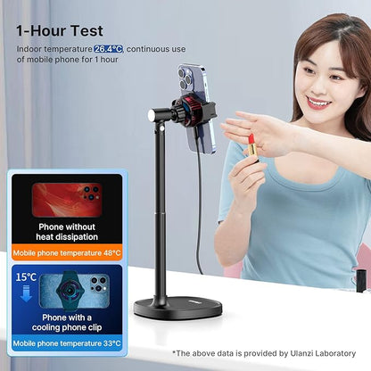 ULANZI SK-06 Cell Phone Stand with Phone Cooler, Desktop Phone Live Streaming Solution with Phone Cooling Fan, Height Adjustable Phone Cooler Stand Compatible with All Mobile Phones, iPhone & Android