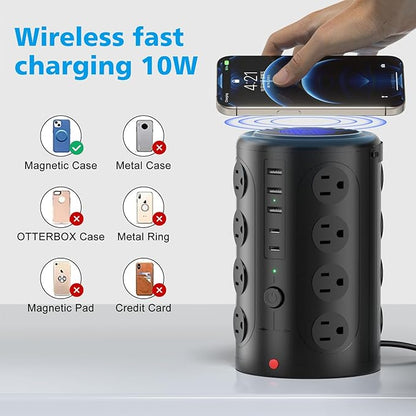 Tower Power Strip with 15W Wireless Charger, 20FT Extension Cord with Multiple Outlets, 16 AC Outlets & 5 USB (2 USB C) Charging Station Surge Protector for Office Home Dorm Room (Black)