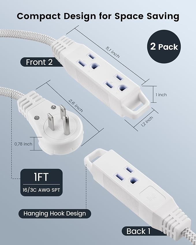 SURAIELEC 1FT Extension Cord, 360° Rotating Flat Plug Extension Cord Flat Wall Plug with 3 Outlets, White Braided Flat Cord for Indoor Use, Compact Areas, 16/3C SPT, ETL Listed, 2 Pack