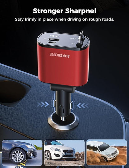 【Upgraded】 SUPERONE Retractable Car Charger 4 in 1, Fast Car Phone Charger with Cord 2.6ft, USB C and Apple Car Charger Adapter, Compatible with iPhone 15/15 Pro Max/14/13/12/11, Galaxy, Pixel