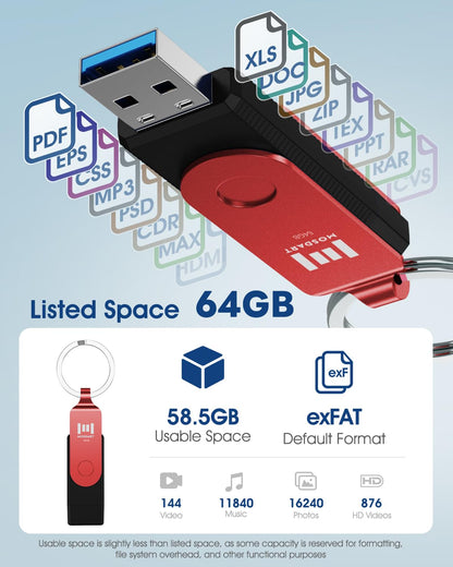 MOSDART 64GB USB C and A 3.2 150MB/s Dual Flash Drive with Keychain, Red