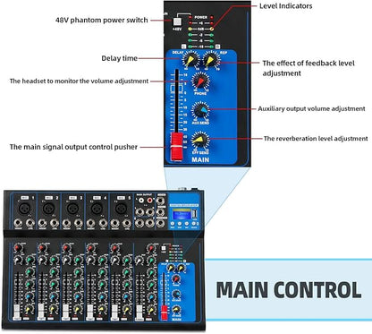 Depusheng HT7 Bluetooth Portable Audio Mixer w/USB DJ Sound Mixing Console MP3 Jack 48V Power for Computer Recording, 7-Channel Bands Mixing Boards For Studio Recording