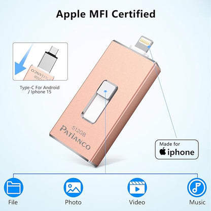 Photo Stick Apple MFi Certified for iPhone 256GB, USB Flash Drive for iPhone Thumb Drive, iPhone-Memory-Stick for iPad/iPhone/Computer Picture Keeper Portable Hard Drive Pink