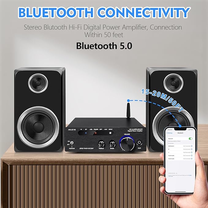 Beffkkip Amplifier Home Audio,Stereo Receiver Bluetooth 5.0 Power amp 100W x2 Wireless HiFi Stereo Class D Digital 2 Channel Integrated with Bass Treble Control for Passive Speakers