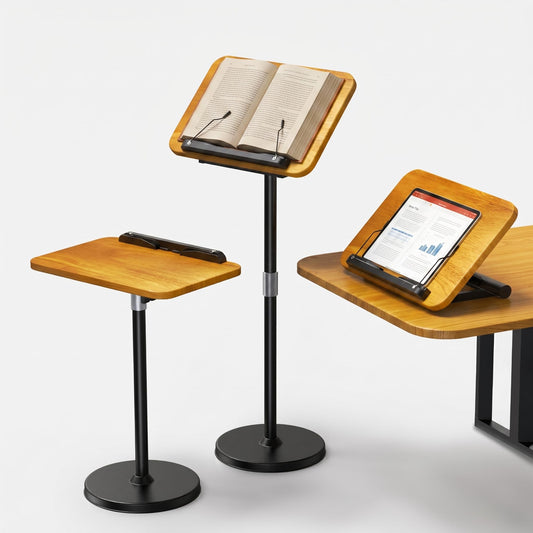 NAMON 2-in-1 Dual-use Floor & Desktop Book Stand, 100% Solid Wood, Height Adjustable from 16.5" to 51", Floor Reading Stand with Page Clip for Cookbooks, Sheet Music (Small - No Wheel - No T Tube)
