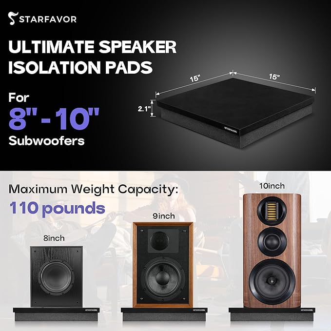 Starfavor Subwoofer Isolation Pad for 8-10 inches Subwoofers,15"*15"*2.1"Isolation Platform Acoustic Riser Pad,Audio Acoustic Noise Isolation Platform Pads for Studio Monitor,Subwoofer,Loud Speakers