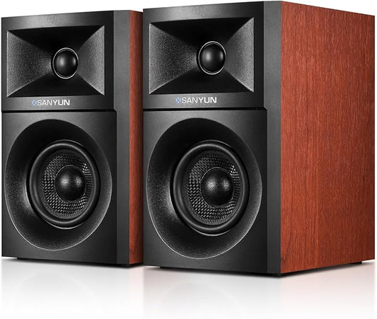 Sanyun SW203 2.0 Desktop Computer Speakers - Near-Field 3D Stereo with Vertical Imaging - 60W Triple-DSP Dual Independent Drive - 24bit USB-C DAC Bluetooth 5.4 AUX, HiFi PC Gaming (Pair, Cherry)