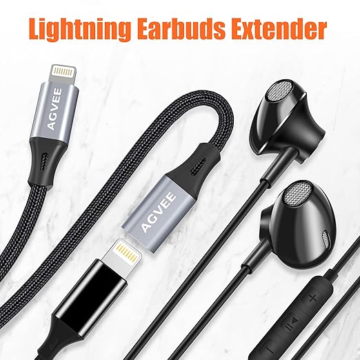 AGVEE 6.6ft Lightning Extension Cable, Braided Female to Male Extender Full Function Cord Compatible with iPhone iPad, Data Sync Video Audio & Charging Connector Adapter, Dark Gray