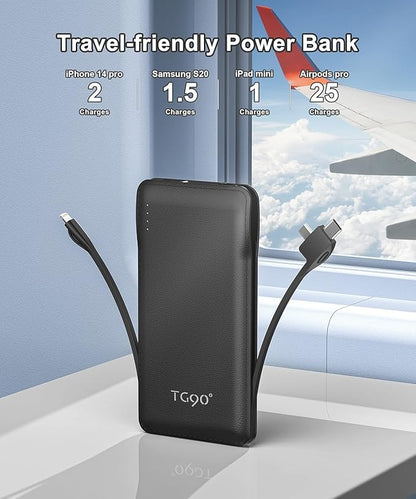 TG90° 2 Pack 10000mAh Slim Portable Charger with Built in Cables,Power Bank Travel Charger Cell Phone External Battery Pack,4 Output External Battery Pack Compatible with iPhone Android Phone