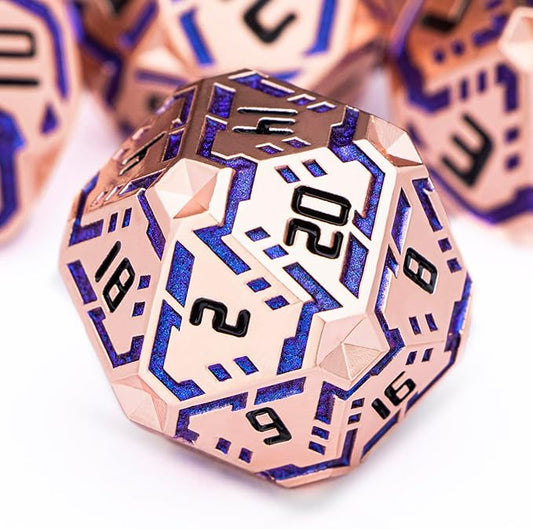 OGCOPHEN Metal DND Sci-fi Dice Set 7PCS Stripe Polyhedral Dice for Dungeons Dragons RPG Role Playing Game, Glitter D and D Dice with Gift Box D6 D8 D10 D12 D20 (Copper Blue)
