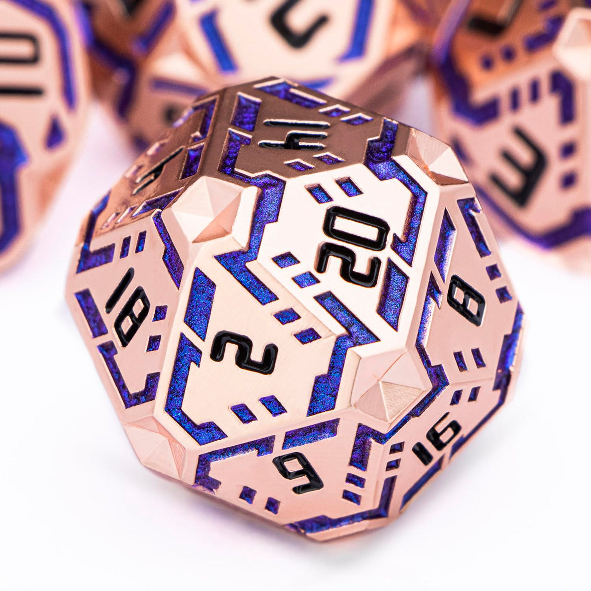 OGCOPHEN Metal DND Sci-fi Dice Set 7PCS Stripe Polyhedral Dice for Dungeons Dragons RPG Role Playing Game, Glitter D and D Dice with Gift Box D6 D8 D10 D12 D20 (Black&Blue Purple)