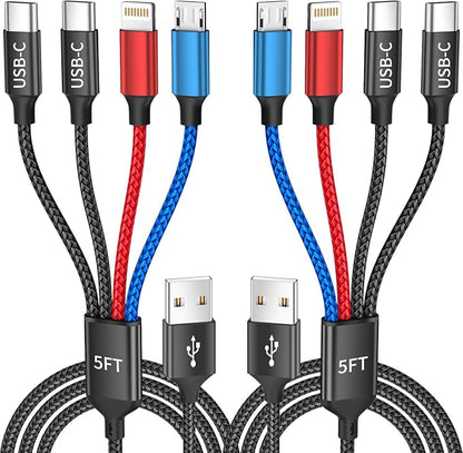 Travel Essentials, Dual Type-C 4 in 1 Multi Charging Cable for Multiple Devices, USB Cables Universal Phone Charger Cord with IP/Micro/2 USB-C Port for iPhone16/15/14, Android Tablet Pad, 2Pack 5FT