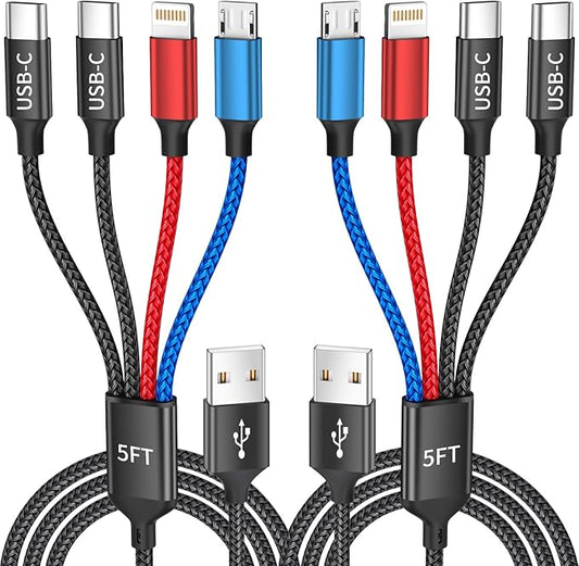 Travel Essentials, Dual Type-C 4 in 1 Multi Charging Cable for Multiple Devices, USB Cables Universal Phone Charger Cord with IP/Micro/2 USB-C Port for iPhone16/15/14, Android Tablet Pad, 2Pack 5FT