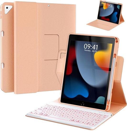 Keyboard Case for iPad 9th/8th/7th Generation 10.2 inch,360° Rotatable iPad Pro 10.5-inch Air 3 Case with Pencil Holder,7 Color Backlit Bluetooth Keyboard Folio Cover (Rose Gold)