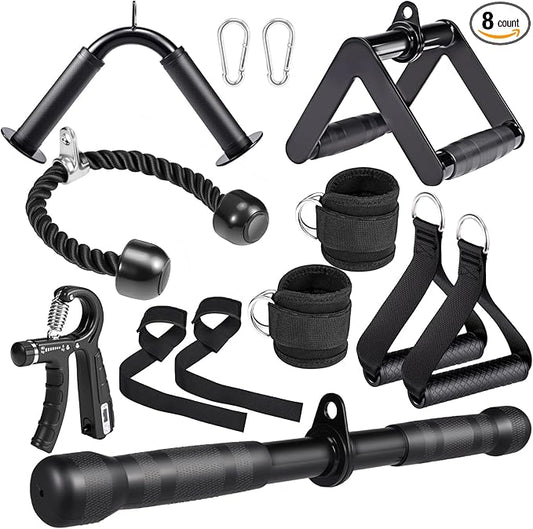 10-in-1 Cable Machine Attachments Set, LAT Pulldown Attachments Cable Accessories for Home Gym, Includes Tricep Rope, V-Bar, Straight Bar, D-Handle, Ankle & Wrist Straps for Cable Workout Machines