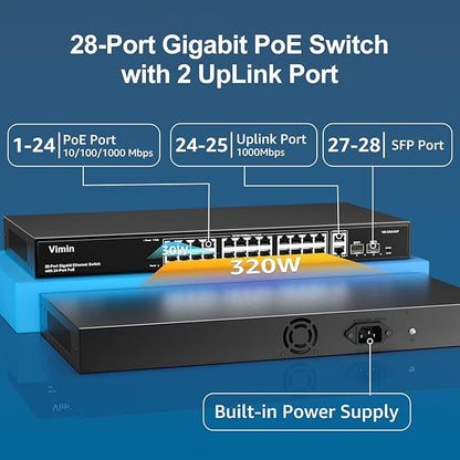 VIMIN 24 Port Gigabit PoE Switch with 2 Uplink Gigabit & 2 SFP Ports, 24-Port Ethernet PoE Switch Unmanaged w/ 320W High Power, Support IEEE802.3af/at, VLAN, Rack-Mount, Sturdy Metal Housing