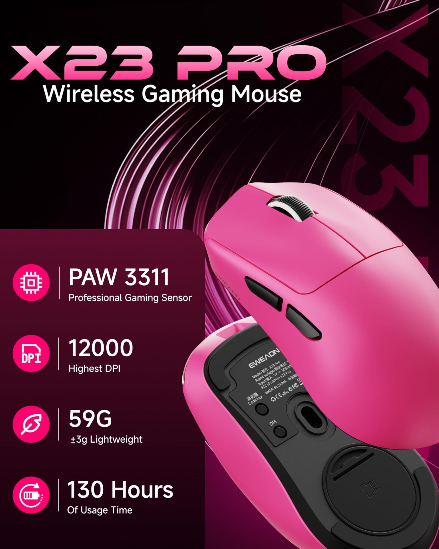 SEUNKWANG EWEAND X23 Pro Gaming Mouse, Tri-Mode 2.4G/USB-C/Bluetooth Wireless Mouse, PAW3311 Sensor, 12,000 DPI, 59g Lightweight, 1ms Ultra-Low Delay, Gaming & Computer Mouse for Laptop/PC/Mac-Pink