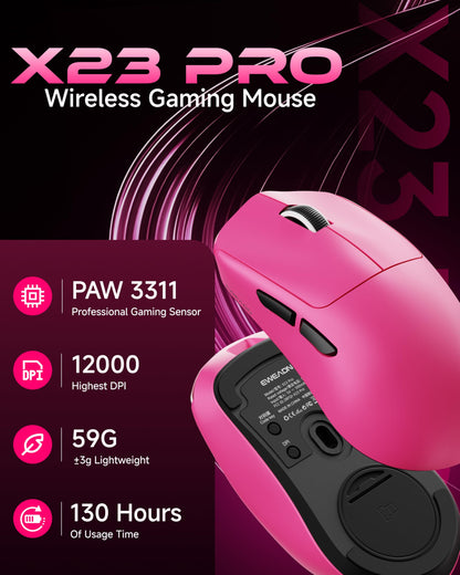 SEUNKWANG EWEAND X23 Pro Gaming Mouse, Tri-Mode 2.4G/USB-C/Bluetooth Wireless Mouse, PAW3311 Sensor, 12,000 DPI, 59g Lightweight, 1ms Ultra-Low Delay, Gaming & Computer Mouse for Laptop/PC/Mac-Pink
