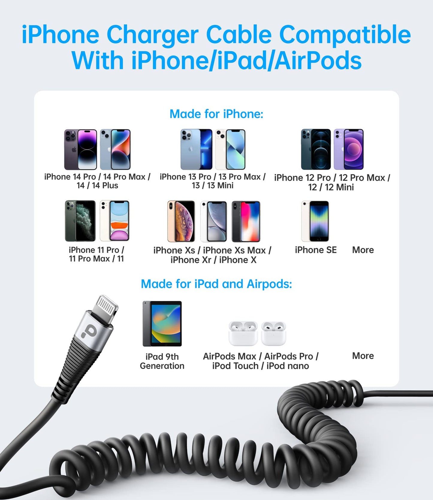 PRAKIE iPhone Charger Cable for Car (3FT/5FT), 2Pack Coiled Lightning Cable
