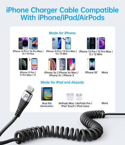 PRAKIE iPhone Charger Cable for Car (3FT/5FT), 2Pack Coiled Lightning Cable
