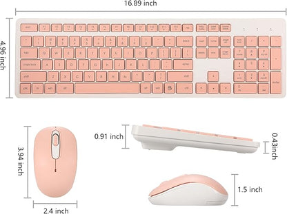 Wireless Keyboard and Mouse Combo, 2.4G Silent Cordless Keyboard Mouse Combo for Windows Chrome Laptop Computer PC Desktop, 106 Keys Full Size with Number Pad, 1600 DPI Optical Mouse (Pink)
