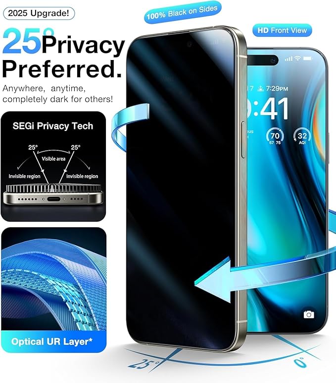 3 Pack for iPhone 16 Pro Max Privacy Screen Protector + 2 Camera Lens 9H+ Full Cover Tempered Glass Auto Alignment Kit 12FT Military Grade Shatterproof Anti Spy Longest Durable 6.9