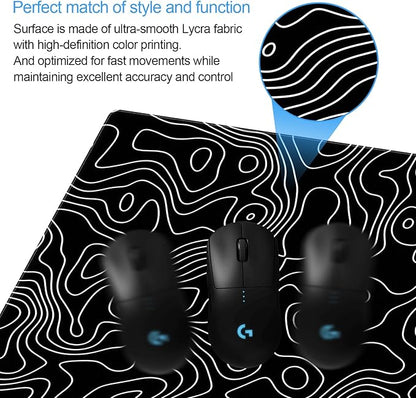 Black and White Topographic Map Gaming Mouse Pad - XXL Extended Desk Mat for Keyboard & Mouse (31.5" x 15.7") with Non-Slip Base & Stitched Edges - Washable Surface for Computer or Gaming Desk