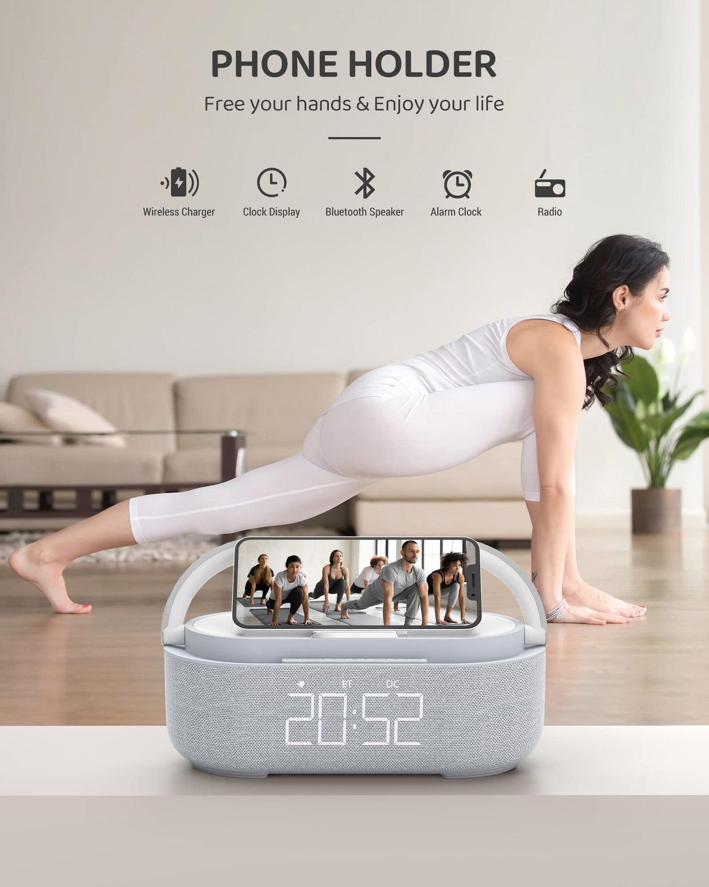 Bluetooth Speaker Alarm Clock & Wireless Charger for Bedside, Home, Office