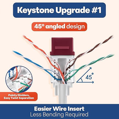 Everest 45 Degree RJ45 Cat6 Keystone Jacks Slim Profile 50-Pack Red