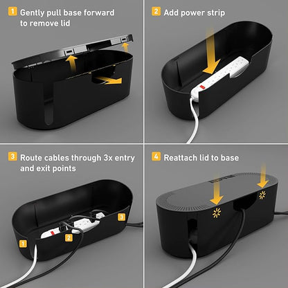 D-Line Cable Management Box, Power Strip Holder, Floor Outlet Hiders, Desk Cord Organizer, Cover TV Wires, Wire Storage, Extension Hider, Office Concealer for Cords, Baby Proof Cables - Large, Black