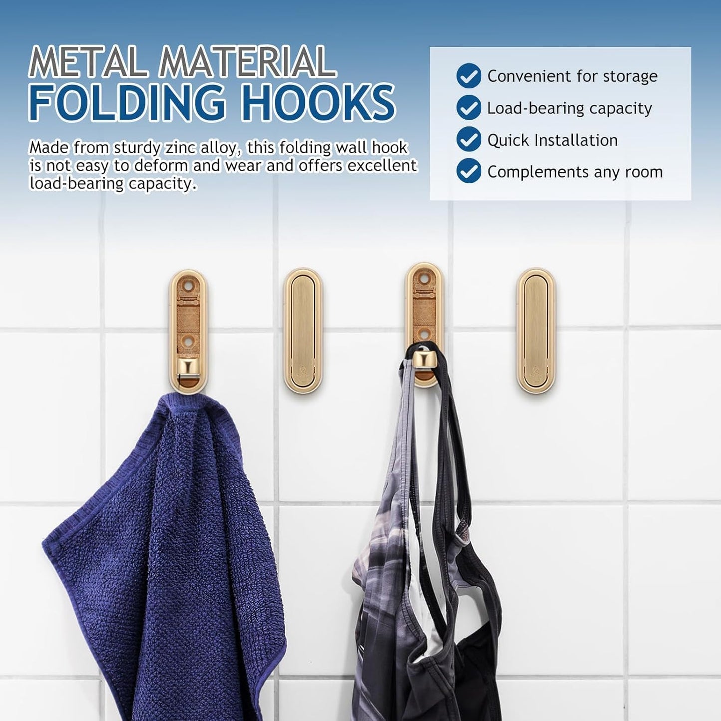 YipuVR 4PCS Gold Foldable Wall Hooks, Metal Folding Hooks Wall Mount, Easy Installation, Suitable for Bathroom Kitchen, Flip Down Hook for Wal l Hanging Coat, Bag, Towel, Key, Hat (Black)