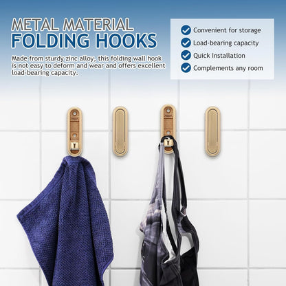 YipuVR 4PCS Gold Foldable Wall Hooks, Metal Folding Hooks Wall Mount, Easy Installation, Suitable for Bathroom Kitchen, Flip Down Hook for Wal l Hanging Coat, Bag, Towel, Key, Hat (Black)