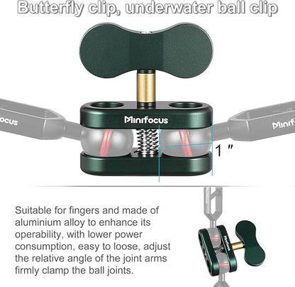 MINIFOCUS Aluminum 1" Ball Clamp Mount, Double Socket Arm, 360° Spring Clip Adapter Bracket Holder for Underwater Diving Photography System, Compatible with B Size 1" Ball Components for RAM