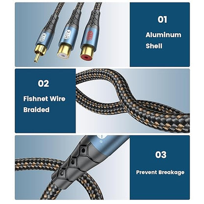 EMK RCA Splitter 1 Male to 2RCA Female Copper Shell Gold-Plated Y Adapter RCA Male to 2RCA Female Cable RCA Y Splitter Connectors Extension Cord 1ft/0.3m