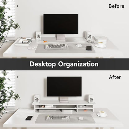 Fenge Monitor Stand, Dual Monitor Riser, 42.5inch Large Desk Computer Monitor Stand Riser with Drawer, 2 Tier Wood & Acrylic Desktop Organizer for Computer, Laptop, Printer, TV Screen Riser